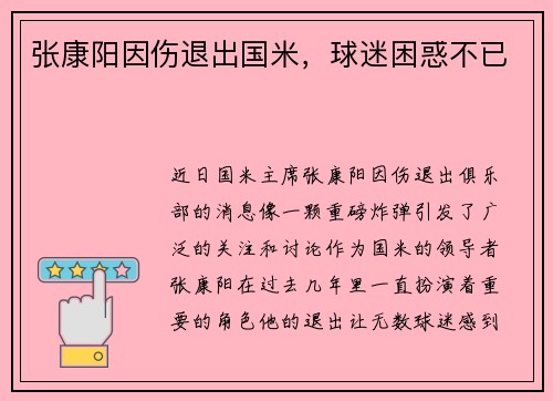 张康阳因伤退出国米,球迷困惑不已 张康阳因伤退出国米,球迷困惑不已